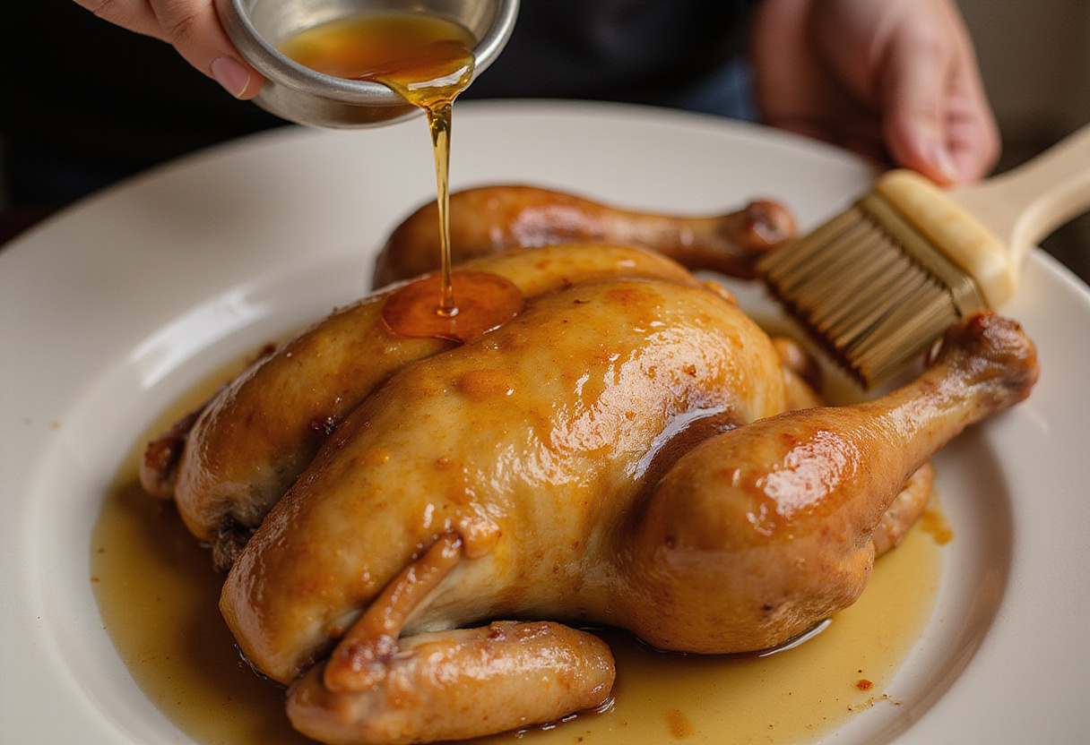 Miel versé sur le poulet pour une délicieuse préparation du poulet rôti au citron et au miel.