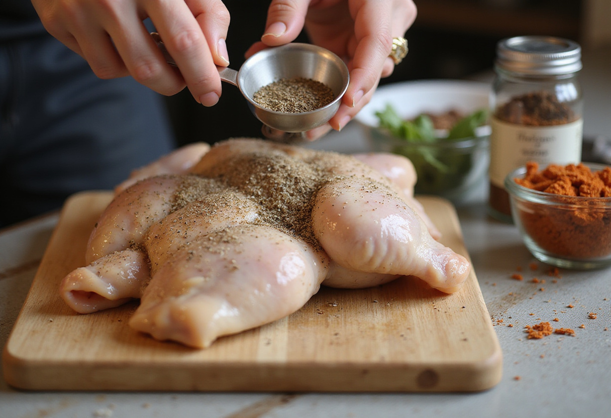 Assaisonnement du poulet avec des épices pour une saveur parfaite du poulet rôti au citron et au miel.