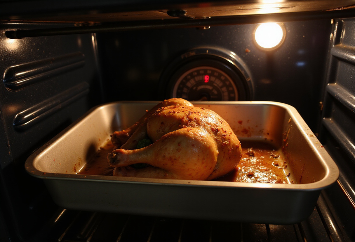 Plat à rôtir avec poulet assaisonné mis au four pour le poulet rôti au citron et au miel.