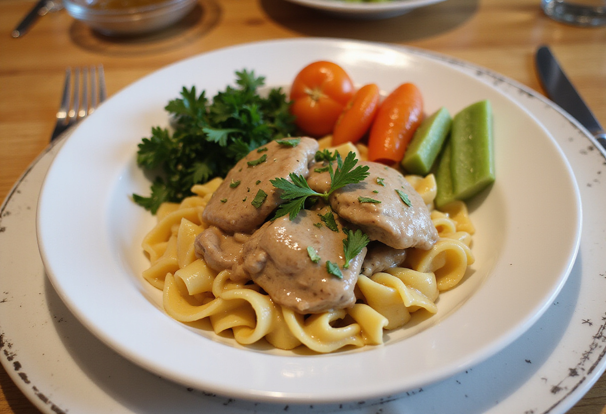 Delicious poulet stroganoff served with egg noodles, a perfect comfort meal.