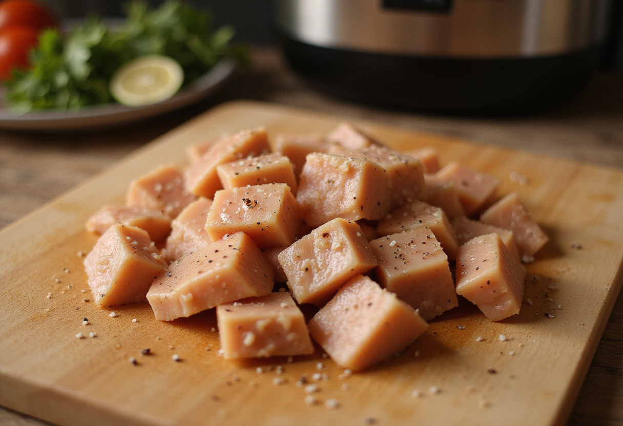 Diced chicken breast for recette poulet stroganoff in a cozy kitchen.