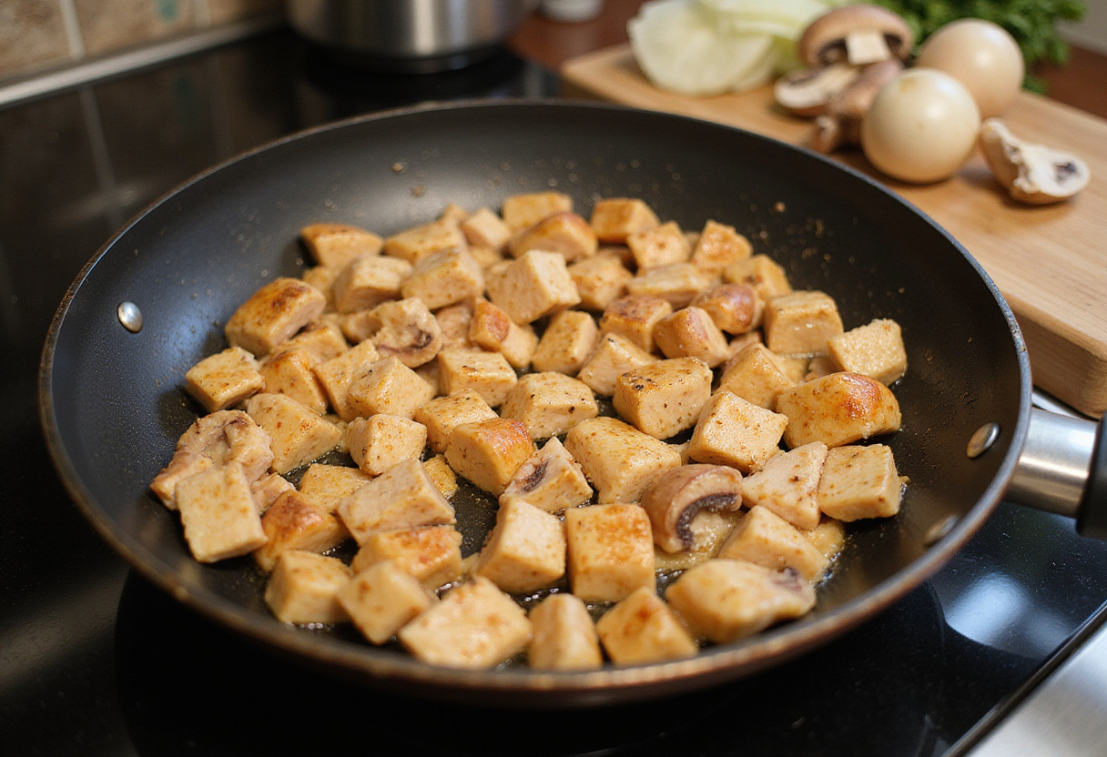 Sautéing diced chicken for poulet stroganoff with mushrooms and onions.