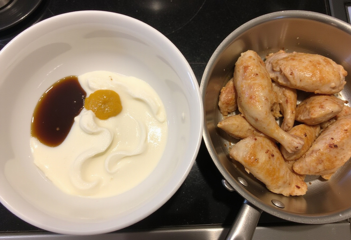 Sour cream mixture being prepared for poulet stroganoff recipe.