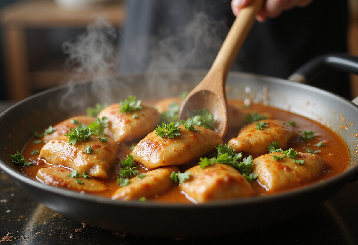 Stirring chicken stroganoff in a skillet, showcasing a quick and comforting dish.