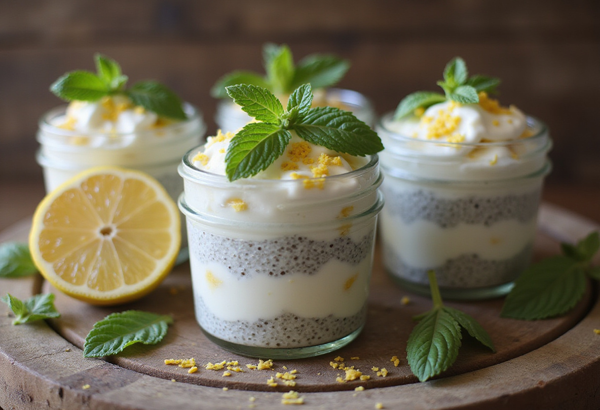 Délicieux pudding au citron crémeux avec des graines de chia, garni et prêt à être dégusté.