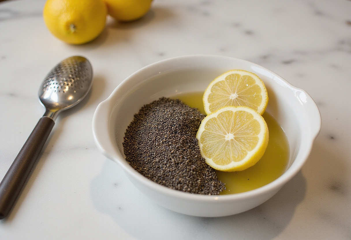 Préparation du pudding au citron avec des graines de chia et du jus de citron frais.