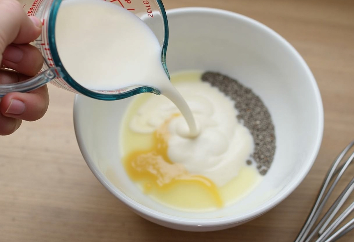 Lait d'amande ajouté aux graines de chia et au jus de citron pour la préparation du pudding au citron.