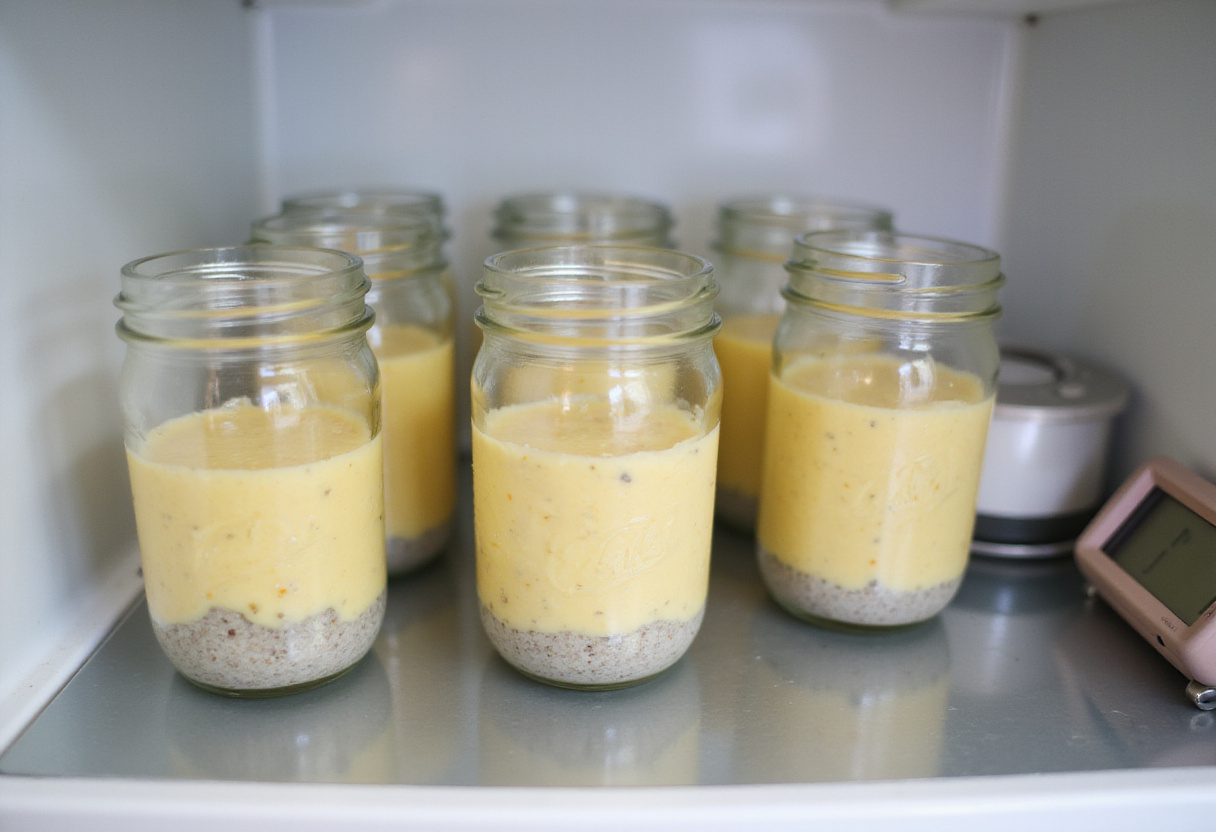 Pots de pudding au citron et chia placés au réfrigérateur pour prendre.