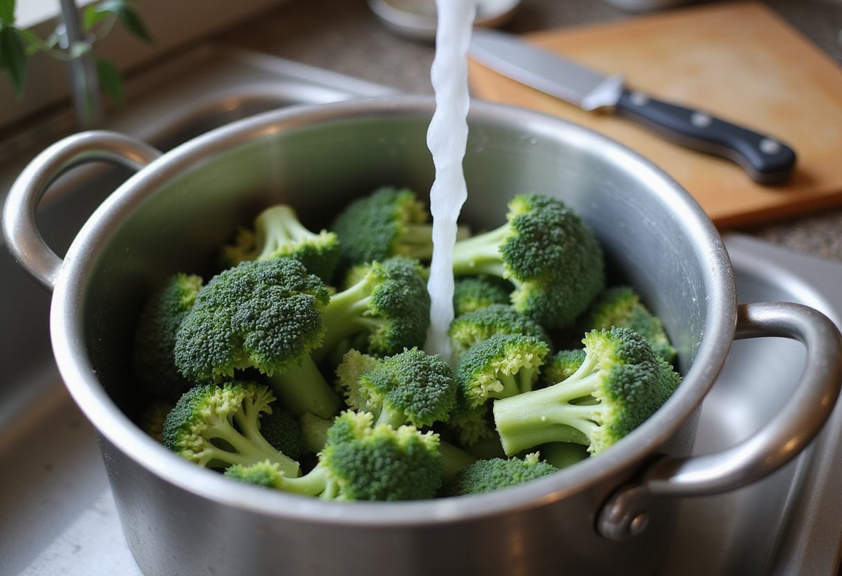 Rinsing fresh broccoli in preparation for making crème de brocoli au fromage.
