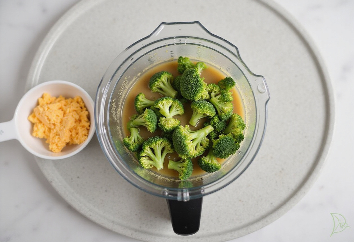 Blending cooked broccoli with broth for a creamy brocoli crémeux texture in crème de brocoli au fromage.