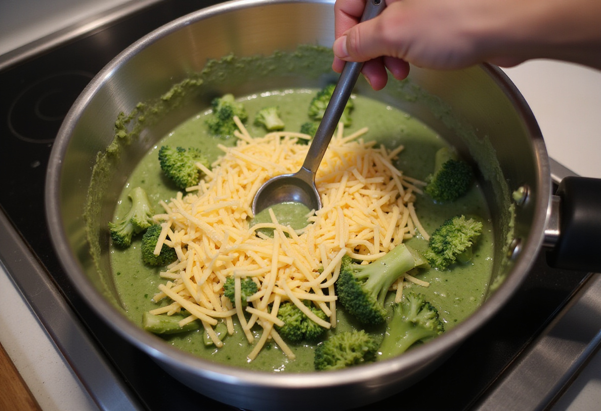 Heating creamy broccoli with melted cheese for a delicious plat de brocoli.