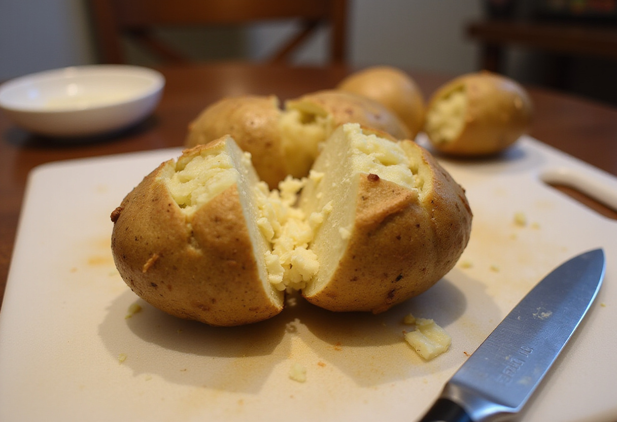 Préparation des pommes de terre pour la recette de pommes de terre farcies au fromage.