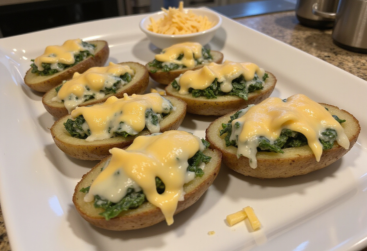 Pommes de terre farcies au fromage et épinards prêtes à être cuites.
