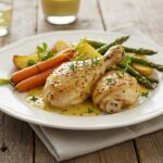 Repas de poulet à la moutarde fini, prêt à être dégusté, avec des légumes d'accompagnement.
