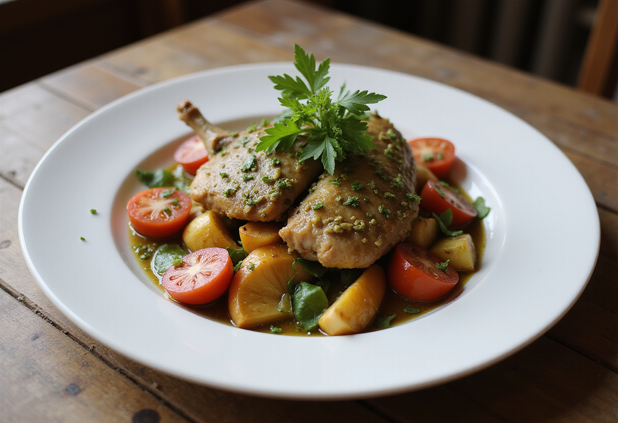 Repas de poulet à la moutarde fini, prêt à être dégusté, avec des légumes d'accompagnement.