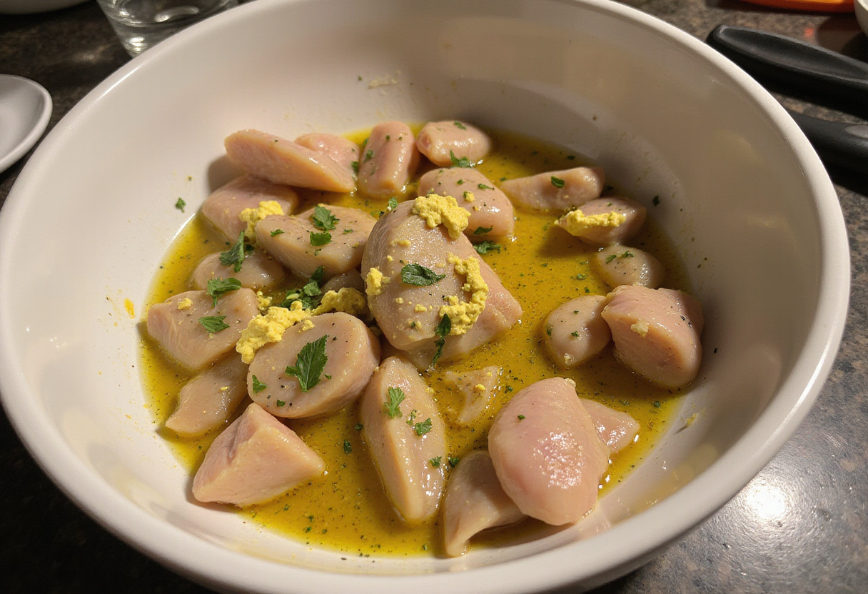 Ingrédients pour la recette de poulet à la moutarde préparés dans un bol, comprenant du poulet, de la moutarde et des herbes.
