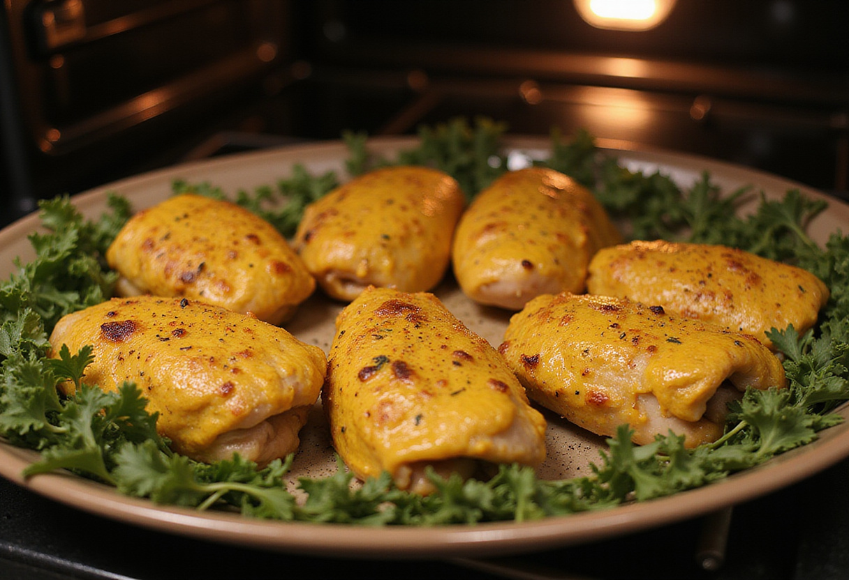 Poulet à la moutarde prêt à être cuit dans un plat de cuisson pour la recette de poulet à la moutarde.