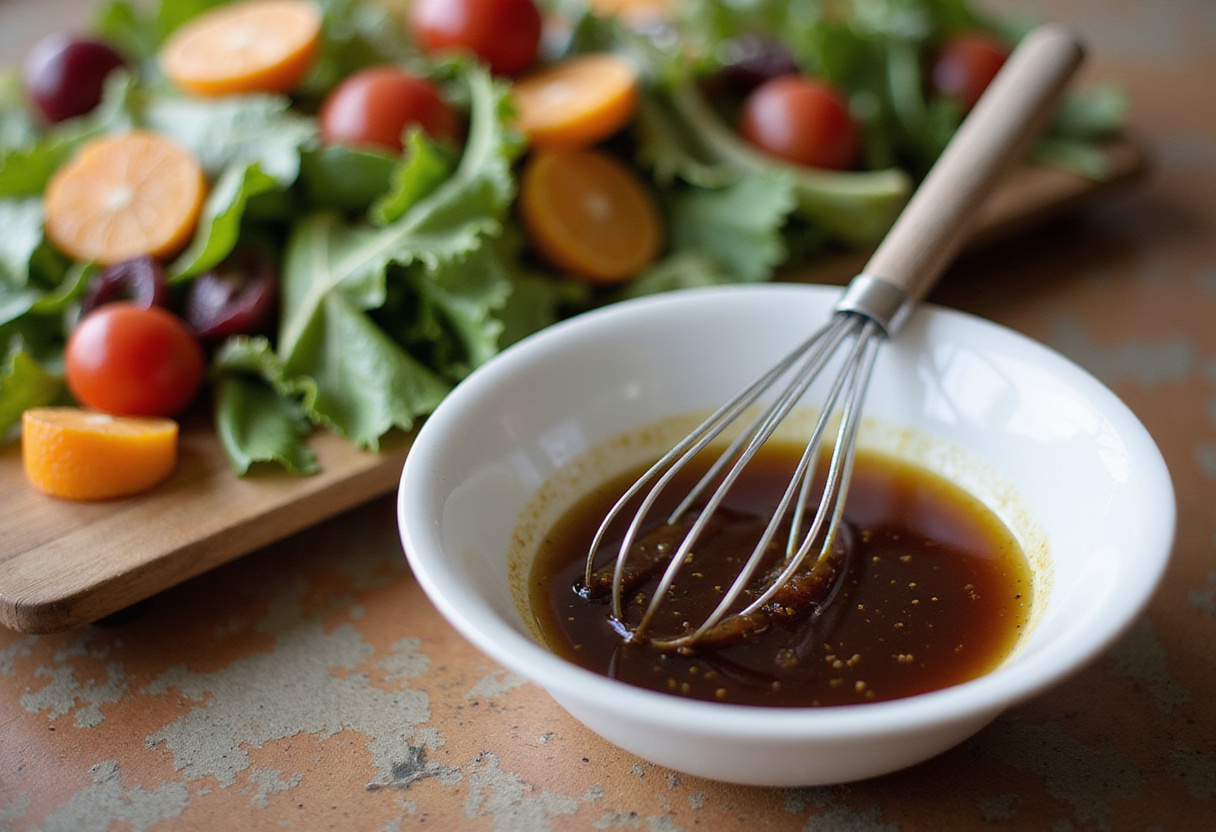 Préparation de vinaigrette balsamique pour la recette de salade froide.