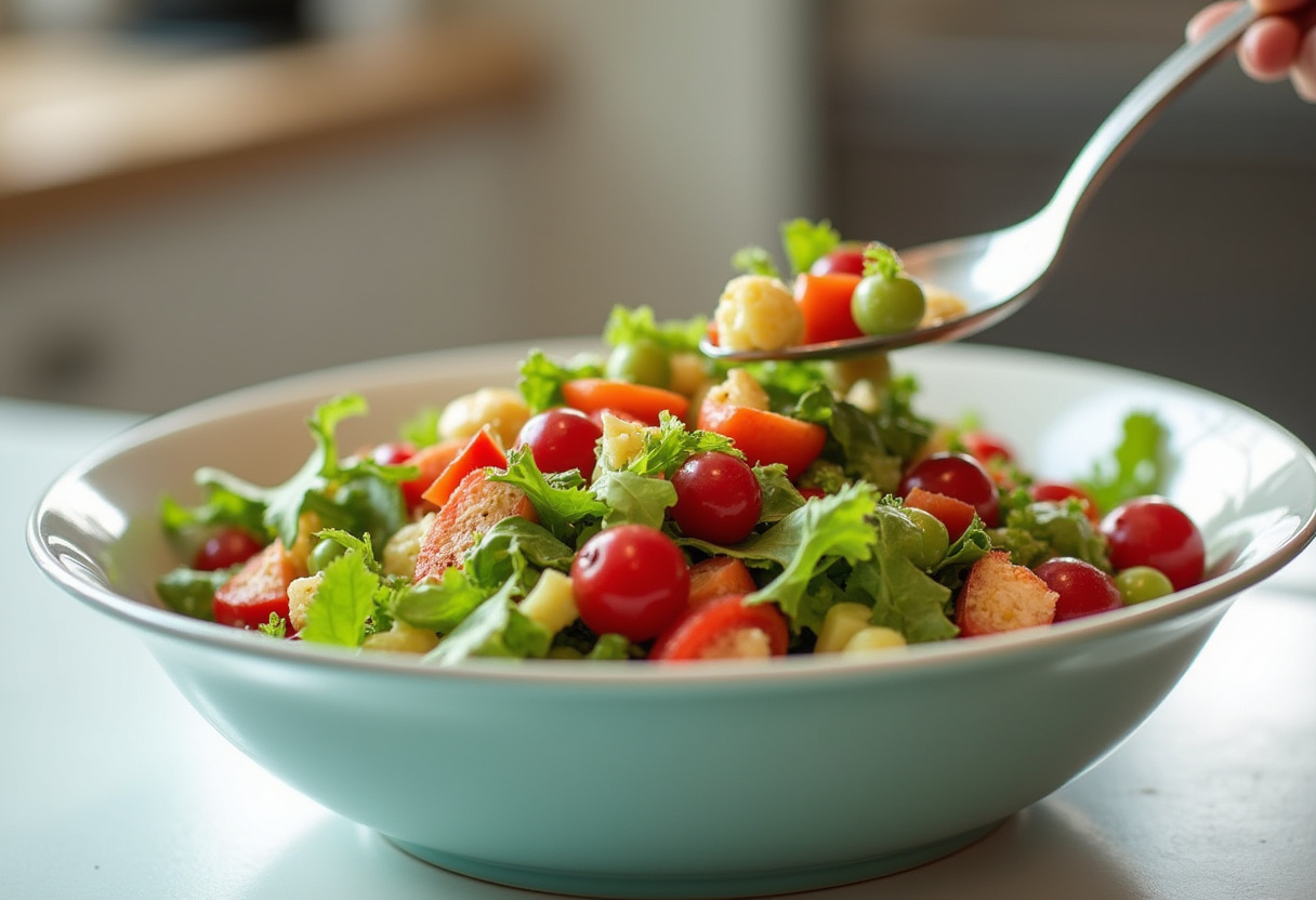 Mélange des ingrédients de la recette de salade froide dans un grand bol.