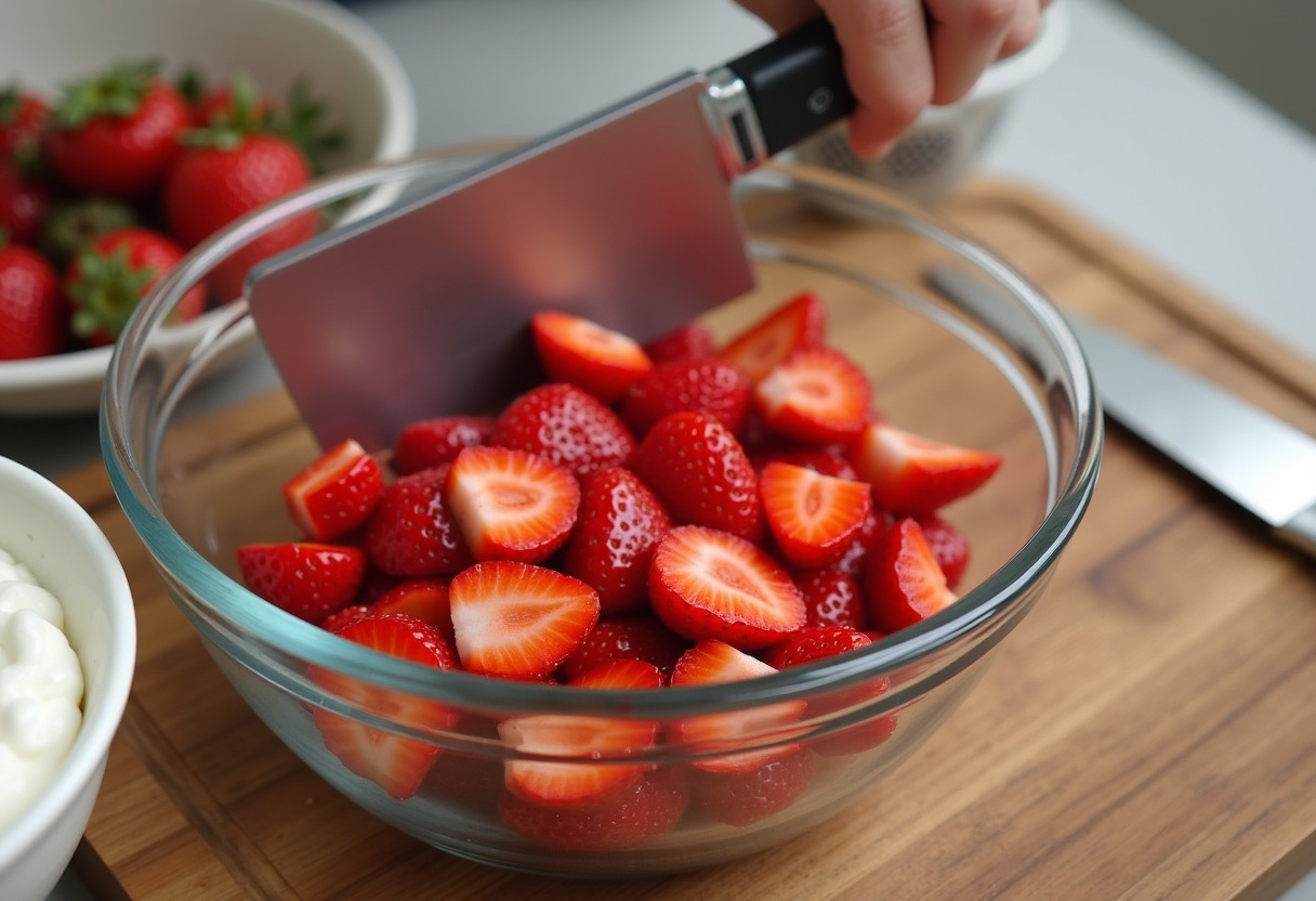 Chopped strawberries ready for the recette de clusters au yaourt chocolat-fraise.