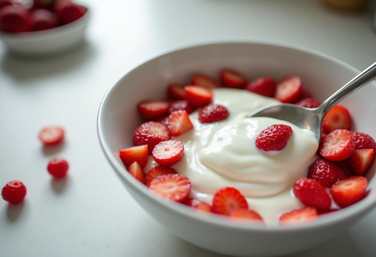 Yogurt mixed with strawberries for making clusters au yaourt chocolat-fraise.