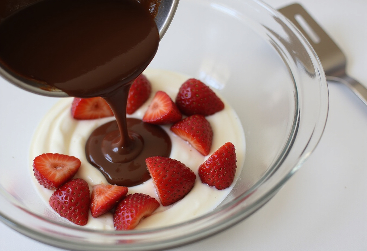 Melted chocolate added to yogurt and strawberries for recette de clusters au yaourt chocolat-fraise.