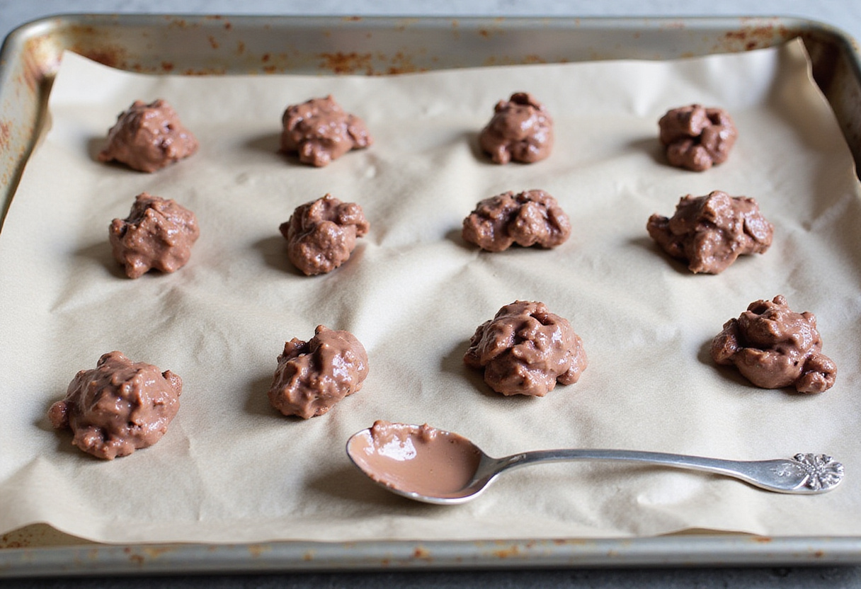 Clusters of yogurt, chocolate, and strawberries being formed on a tray for recette de clusters au yaourt chocolat-fraise.