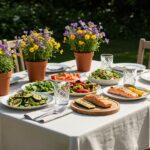 Table d'été joliment dressée avec des plats frais et savoureux pour un repas en plein air.