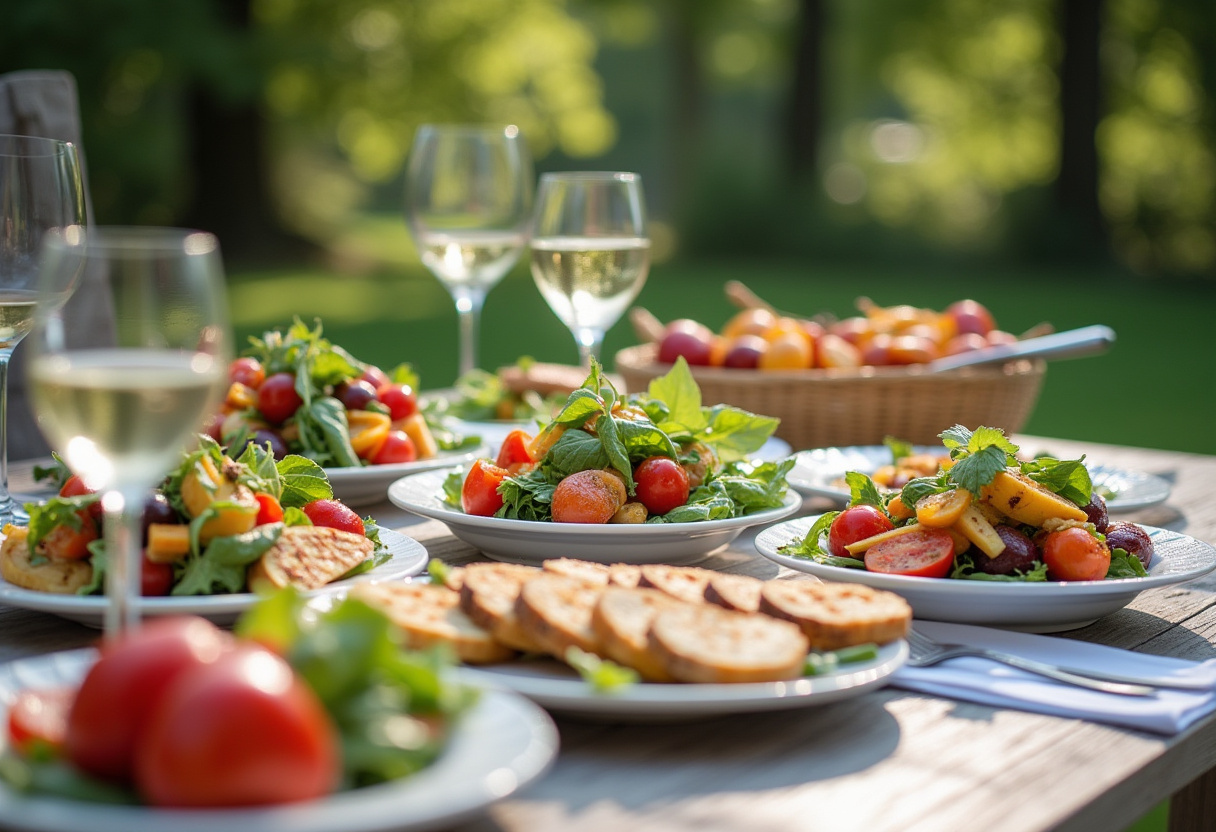 Table d'été joliment dressée avec des plats frais et savoureux pour un repas en plein air.
