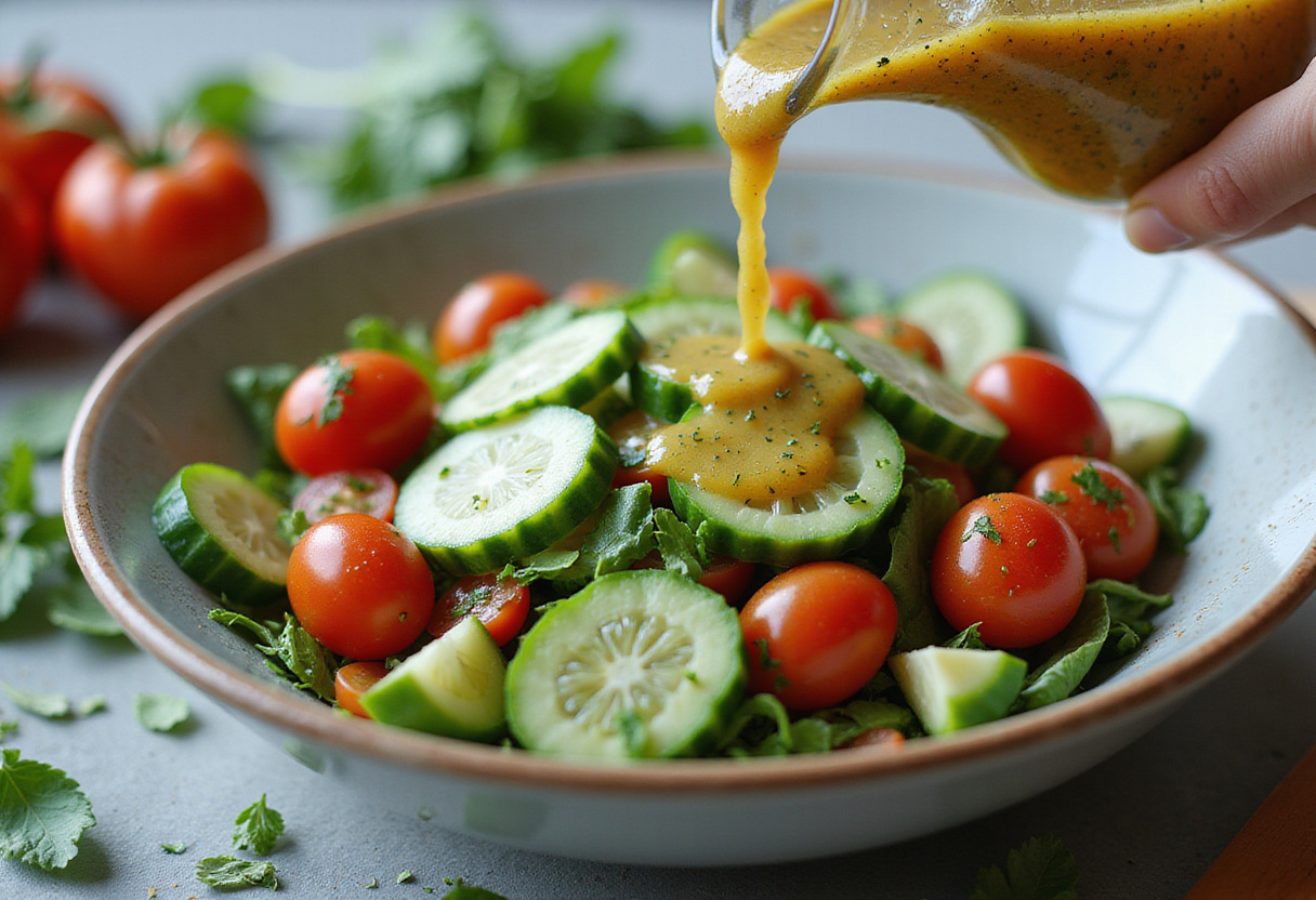 Salade estivale préparée avec des légumes frais dans la cuisine estivale.