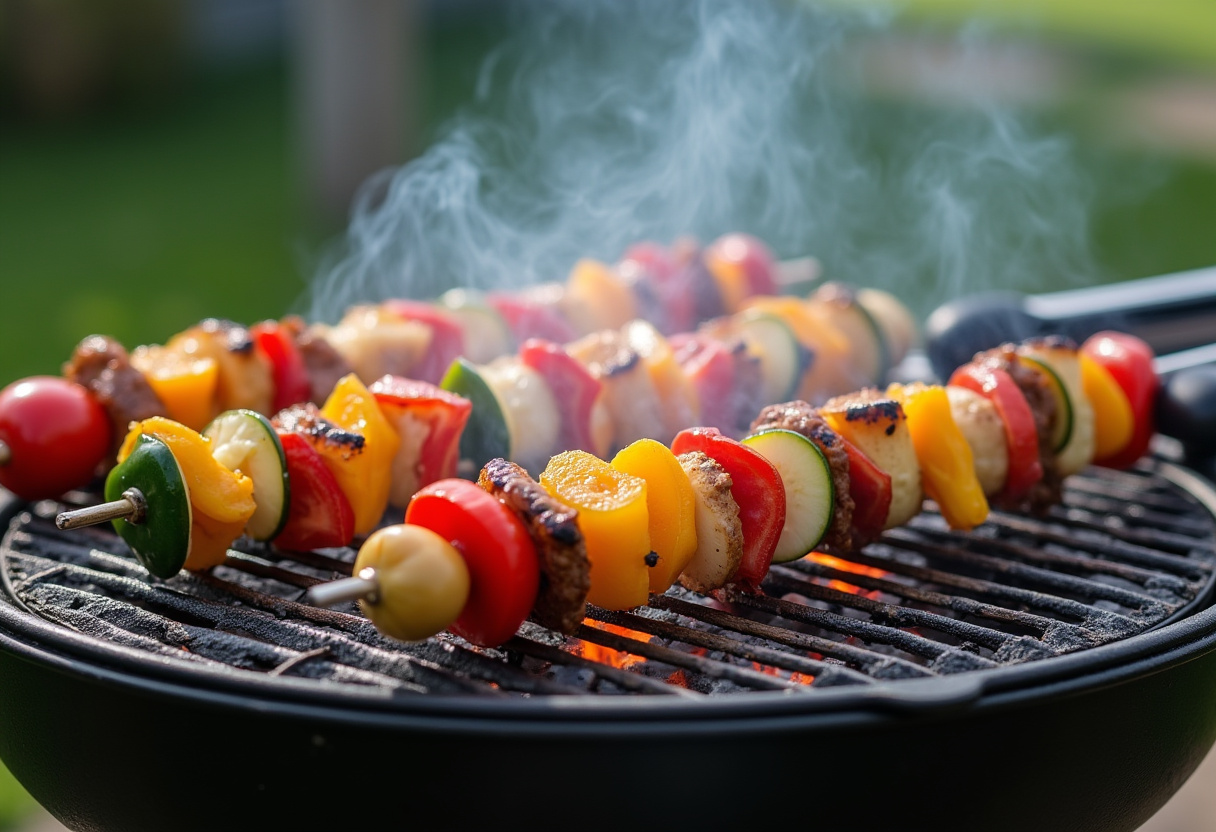 Brochettes de légumes grillés, un plat sain pour un repas d'été joyeux.