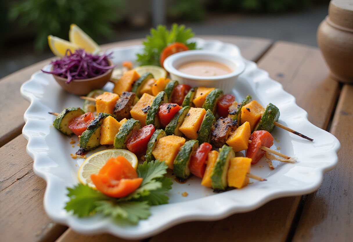 Plat de brochettes de légumes grillés prêt à être servi lors d'un repas d'été convivial.