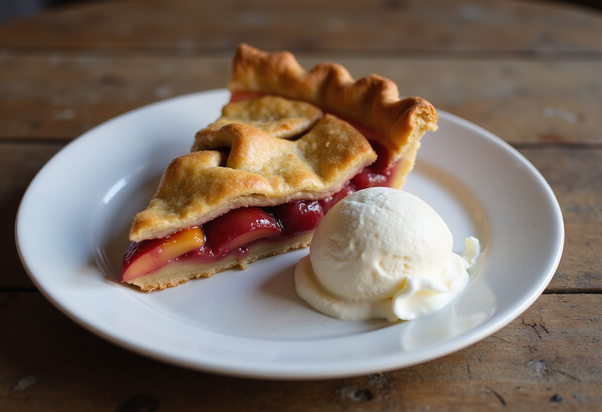 Tarte de pêche et rhubarbe délicieuse avec de la glace à la vanille, parfaite pour les desserts estivaux.
