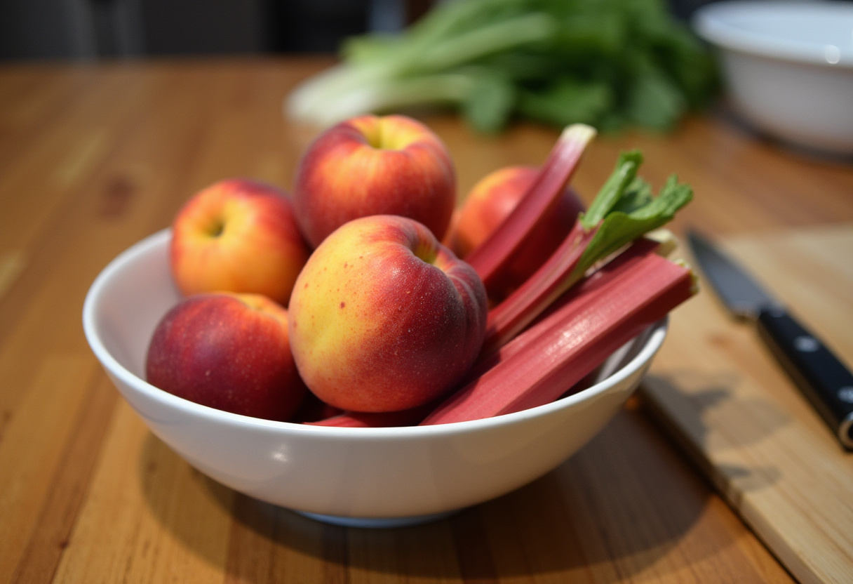 Recettes de pêche avec des pêches fraîches et des tiges de rhubarbe prêtes à être préparées.