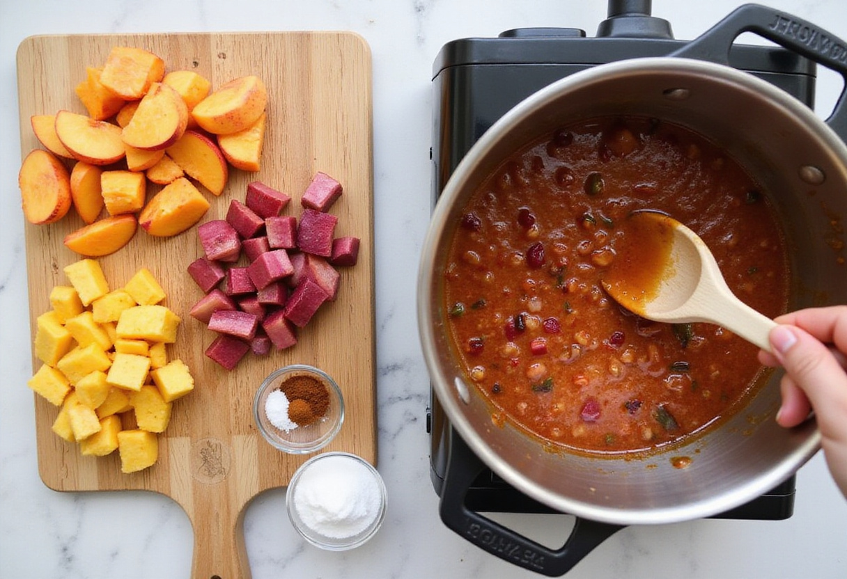 Préparation de recettes de rhubarbe avec des pêches et de la rhubarbe coupées dans une casserole.