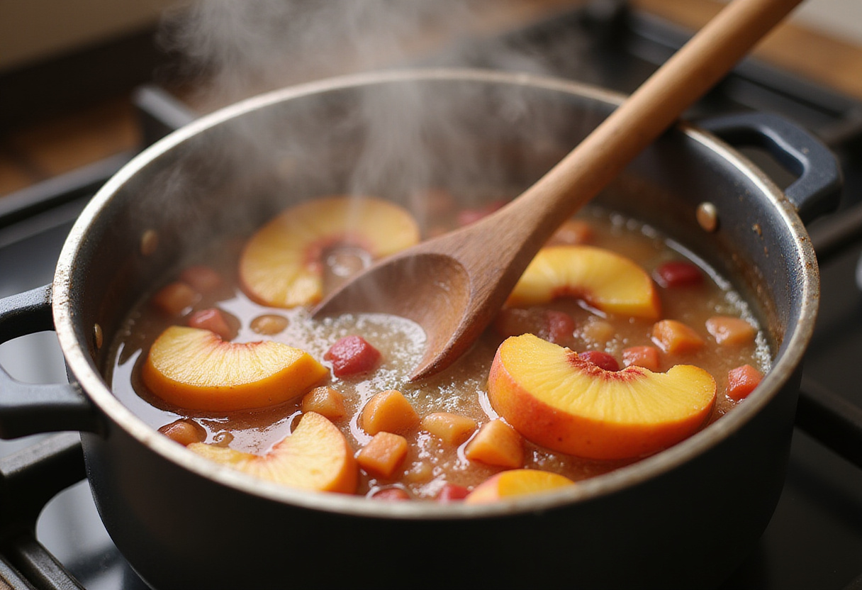 Cuisson de la sauce de pêches et de rhubarbe pour un dessert de fruits, avec une belle ébullition dans la casserole.