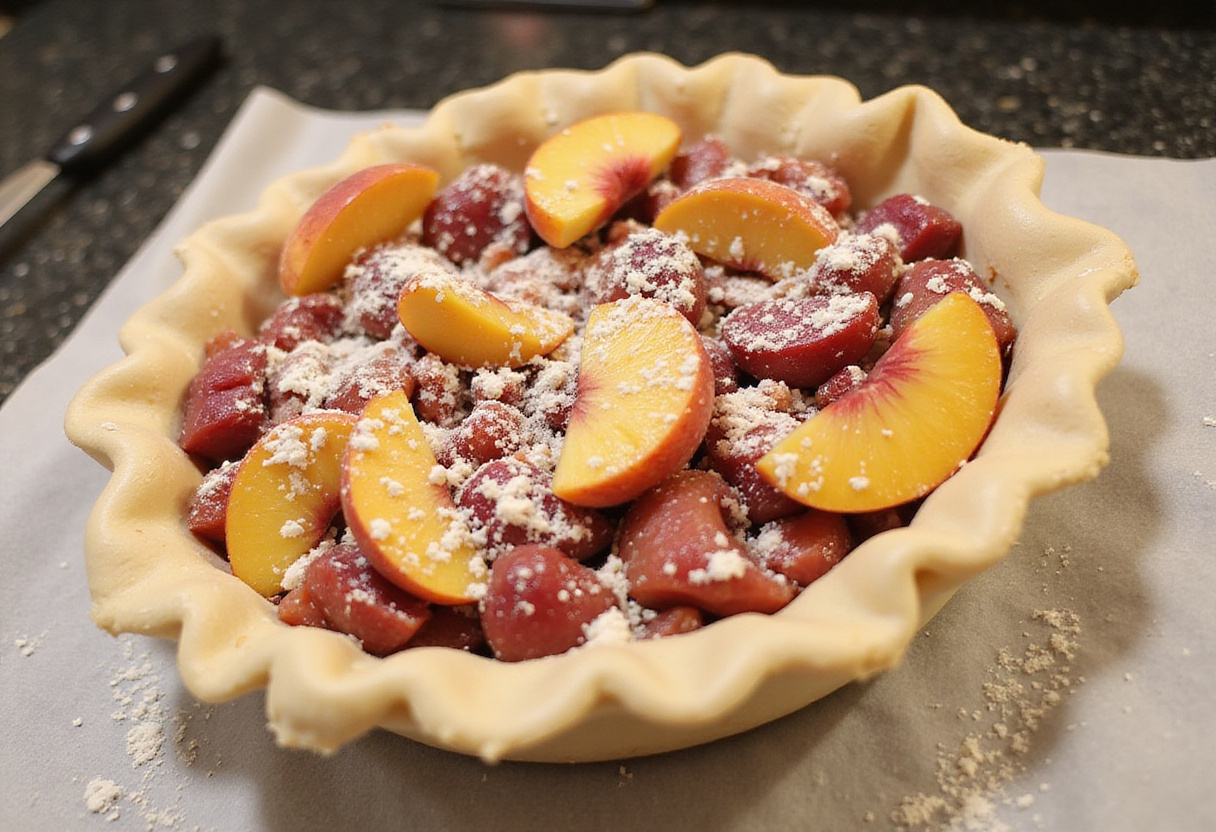 Préparation de la croûte de tarte à la pêche et à la rhubarbe, prête à cuire pour des recettes estivales.