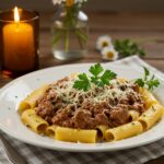 Beautifully plated rigatoni crémeux with beef and parmesan, ideal for a delightful Italian dinner.