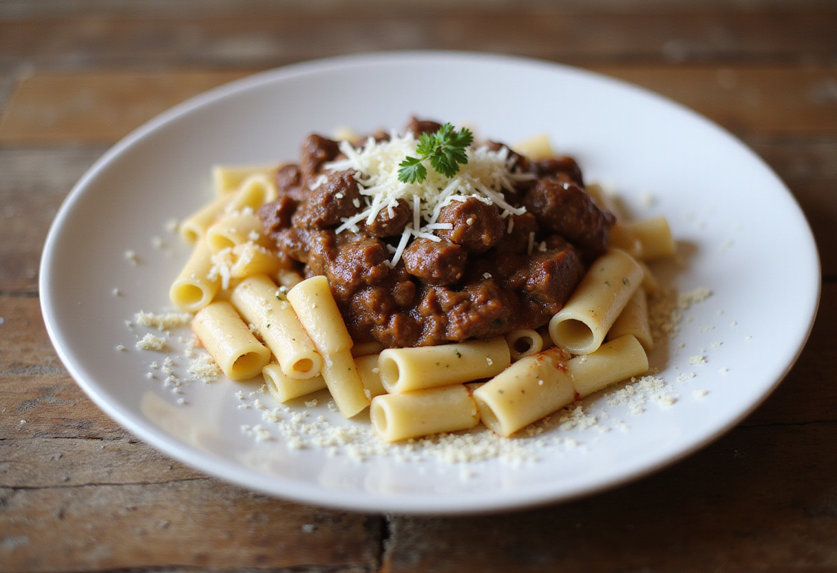 Un plat de rigatoni crémeux au dressage soigné, agrémenté de boeuf et de parmesan, idéal pour un dîner italien savoureux.