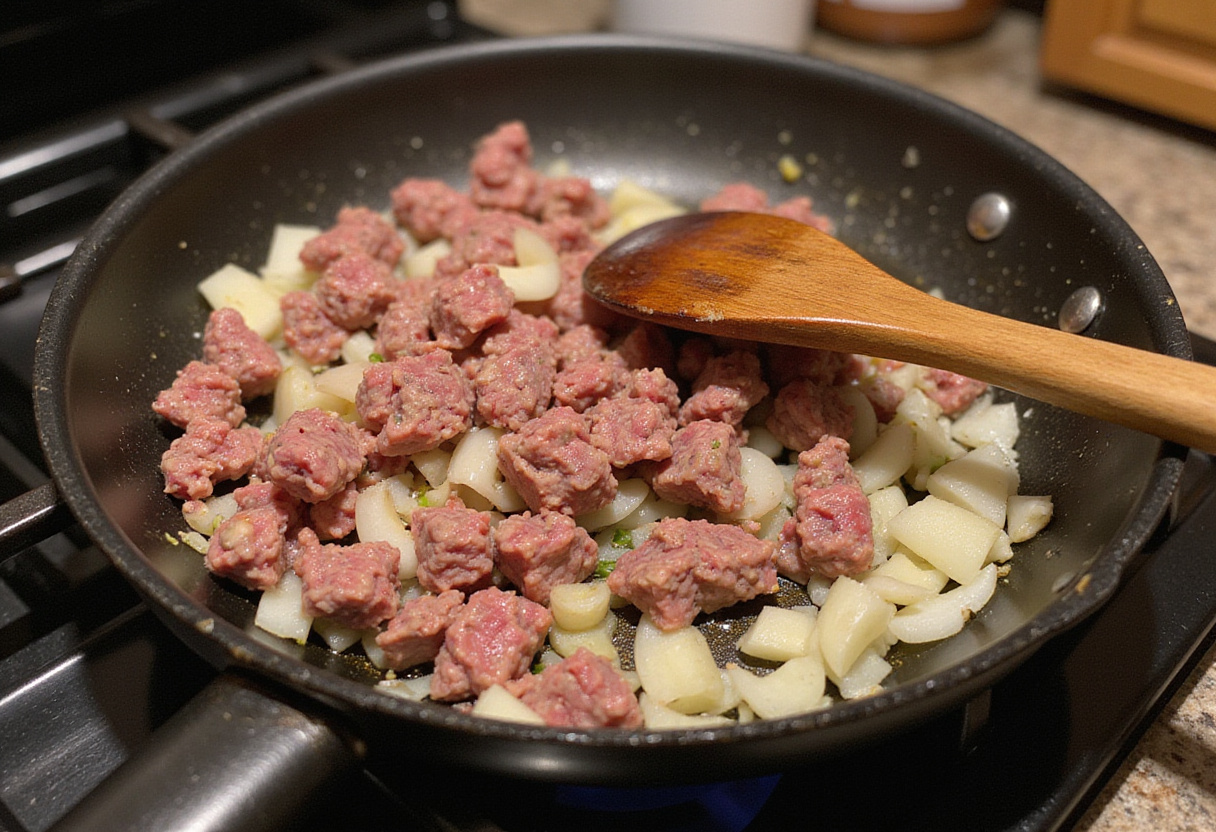 Du boeuf haché cuit avec des oignons et de l'ail pour une sauce boeuf crémeux.