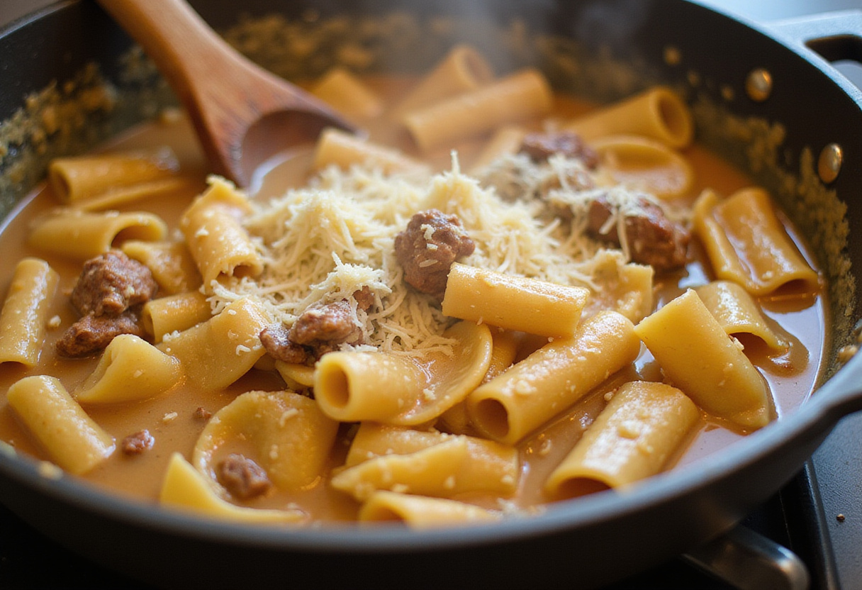 La sauce crémeuse mélangée aux rigatoni cuits et au parmesan fondu pour un plat de pâtes au parmesan.