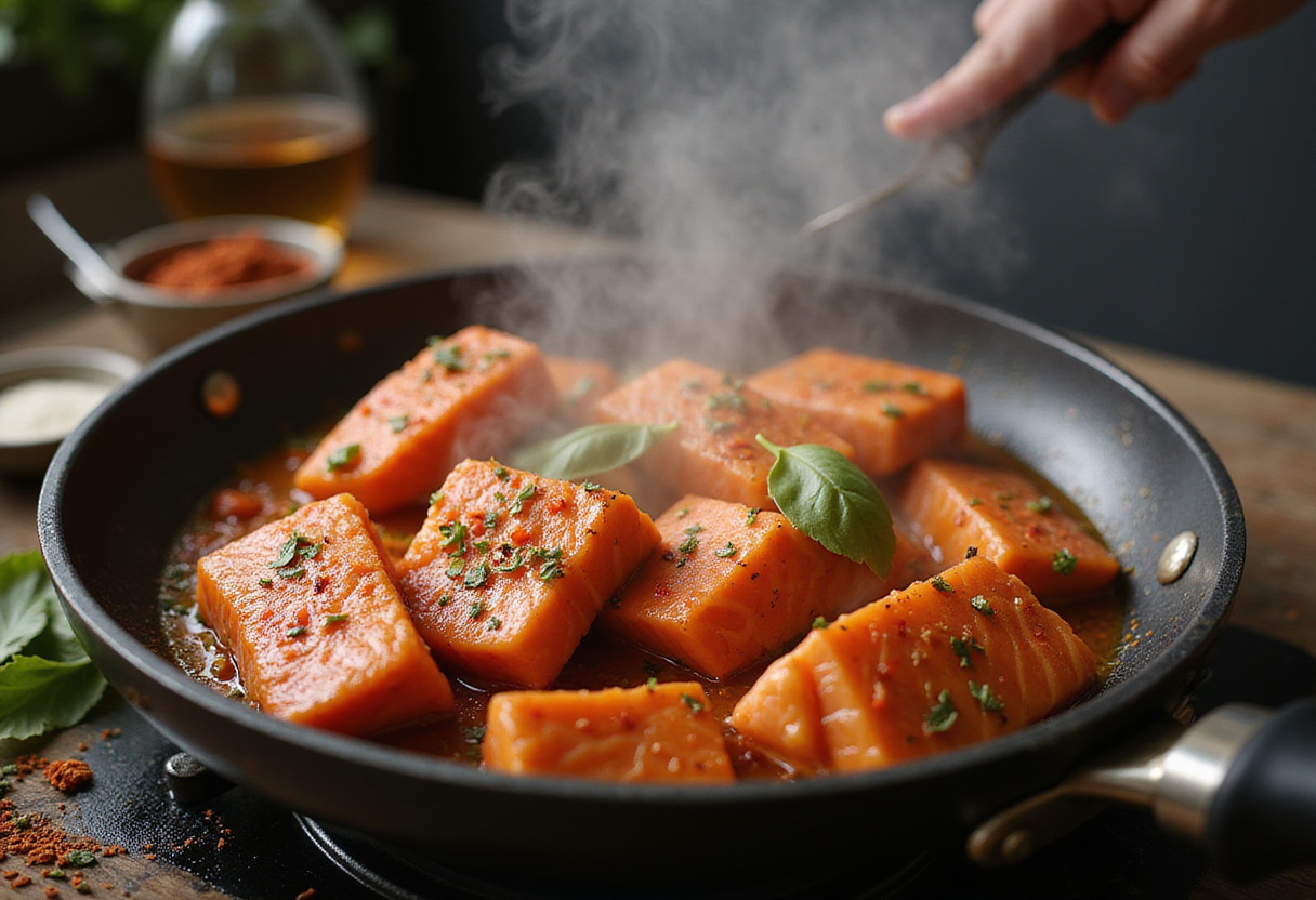 Spicy salmon cooking in a skillet for the riz croustillant recipe.