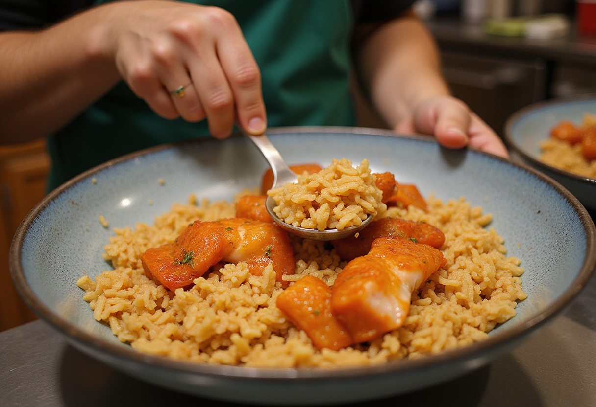 Mixing spicy salmon and crispy rice for the riz croustillant dish.