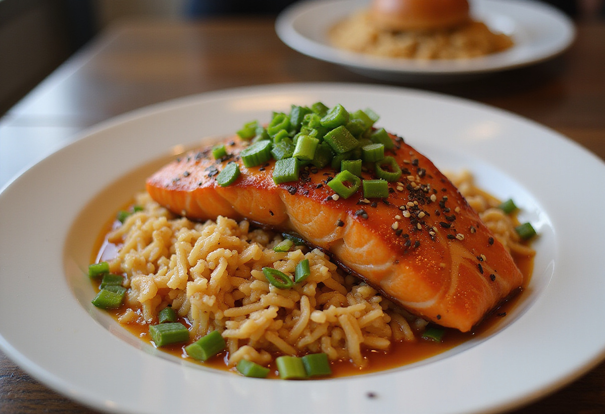 Plated riz croustillant with spicy salmon and garnishes, ready to enjoy.