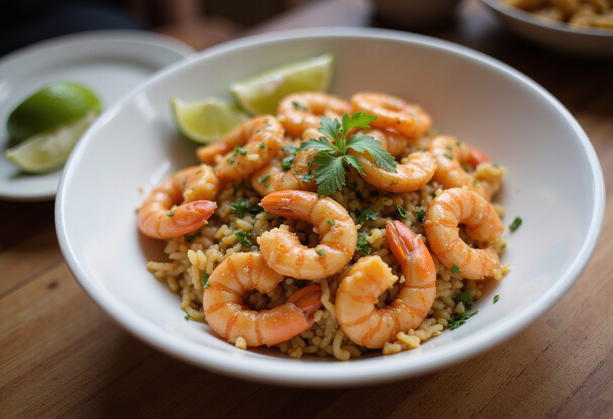 Finished riz frit avec crevettes served with lime wedges, perfect for a delicious Asian meal.
