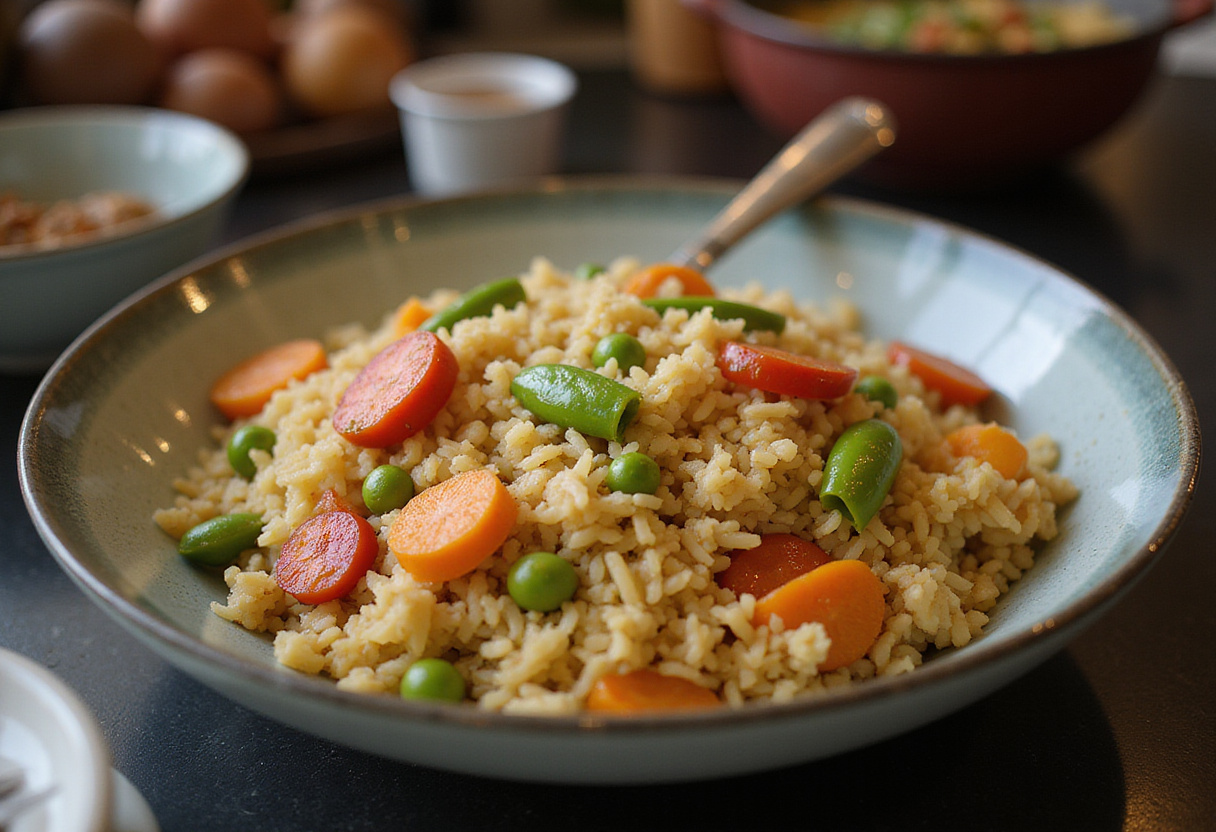 Bowl of cooked rice with vegetables ready for riz frit crevettes recipe.