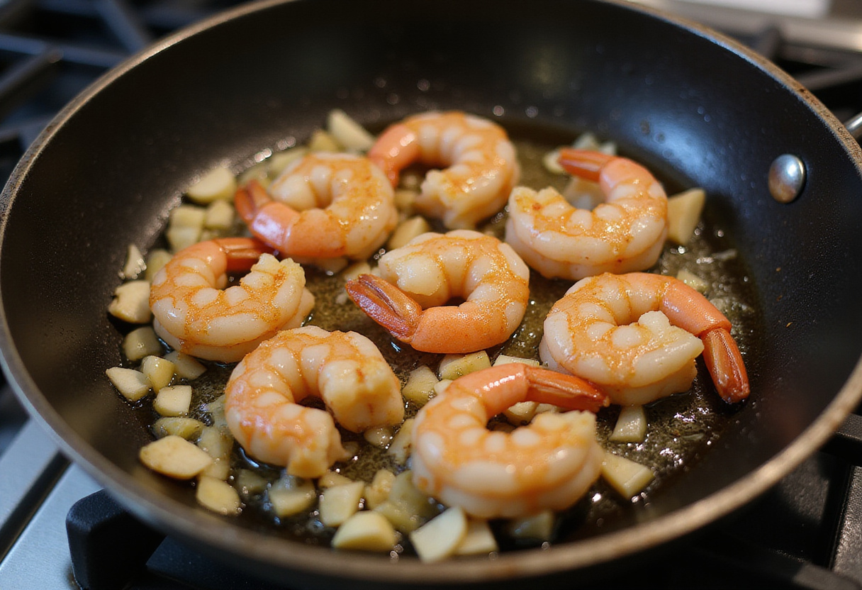 Sautéing shrimp in a skillet for plat de riz frit aux crevettes.