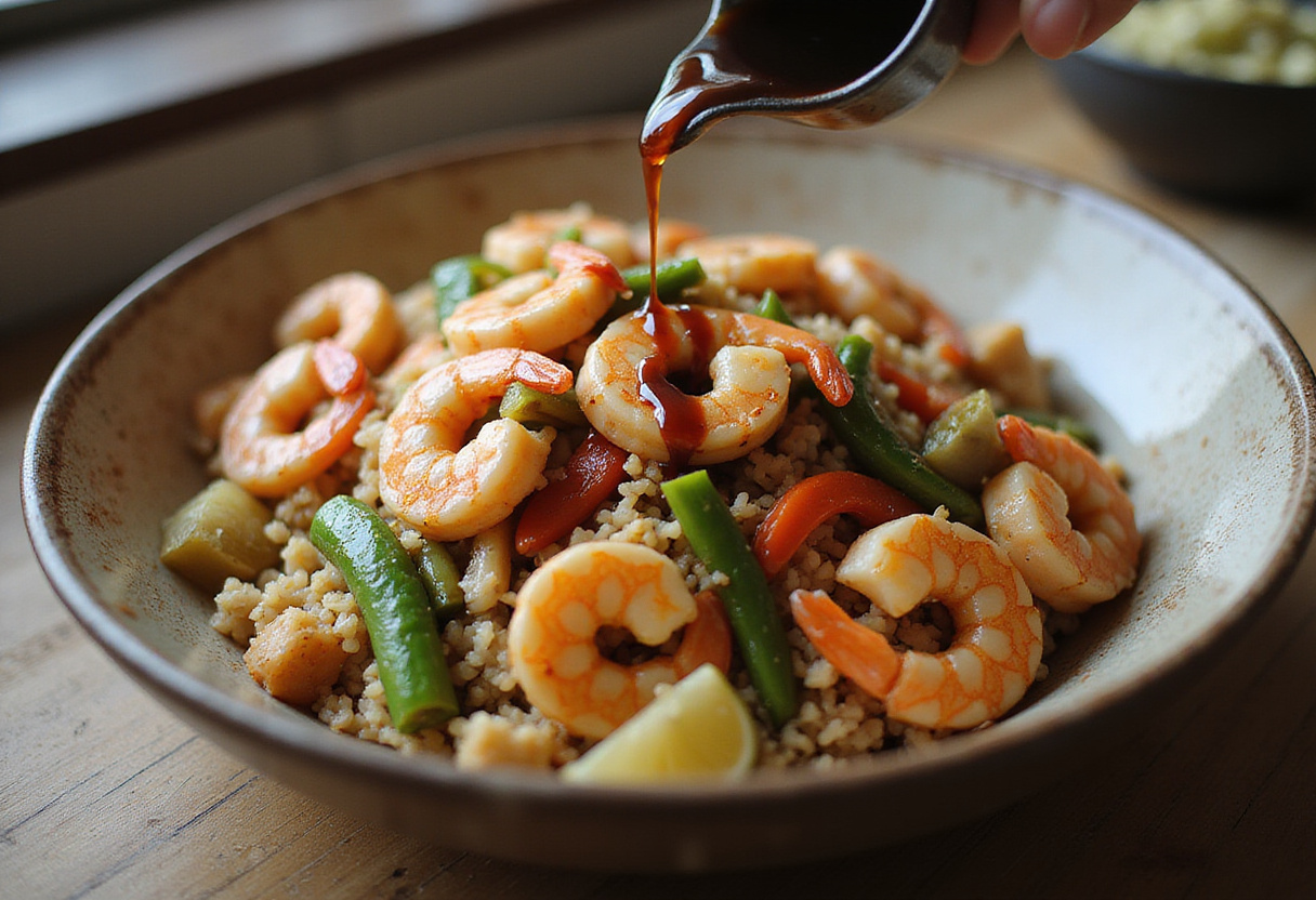 Combining shrimp, rice, and vegetables with soy sauce for riz frit crevettes.