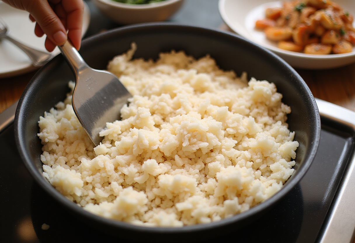 Riz cuit pressé, prêt pour la préparation du riz croustillant, accompagné de thon épicé ou de crevettes épicées assaisonnées.