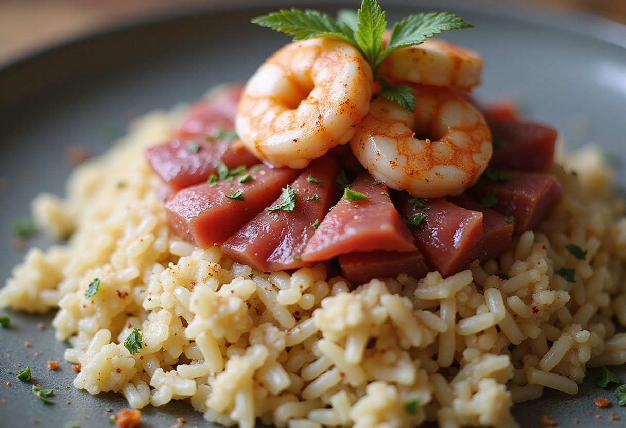 Thon ou crevettes ajoutés au riz pressé pour la recette du riz croustillant.